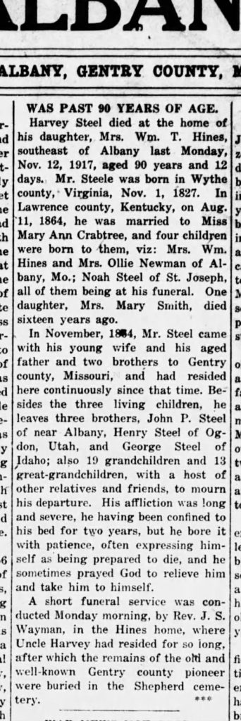 Harvey Steele obituary 1917